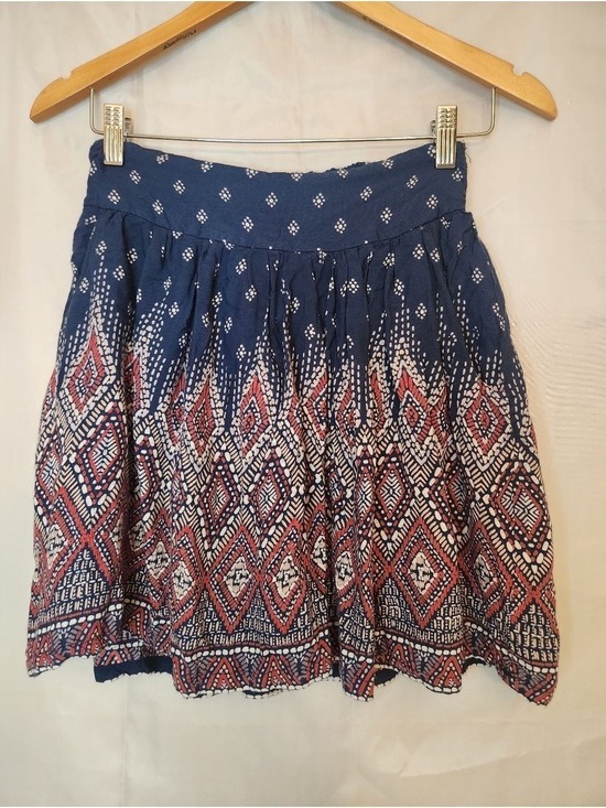 Japna Dresses & Skirts - Japna Navy Blue Ikat Print Rayon Skirt, Boho Geometric Mini Skirt, Size M